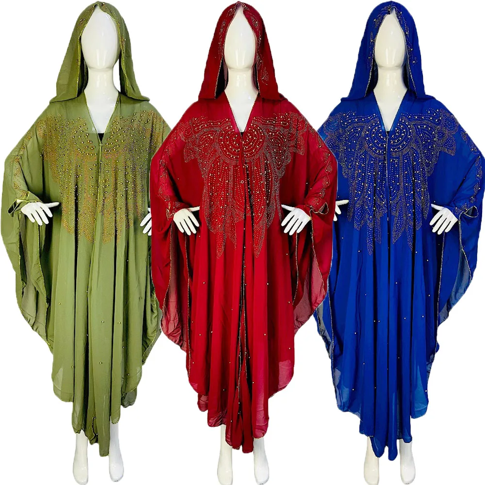 

Muslim Kaftan Abaya Dress Women Dubai Open Outfit Turkish Stones Chiffon Hooded Dress Elegant African Loose Boubou Beads Luxury