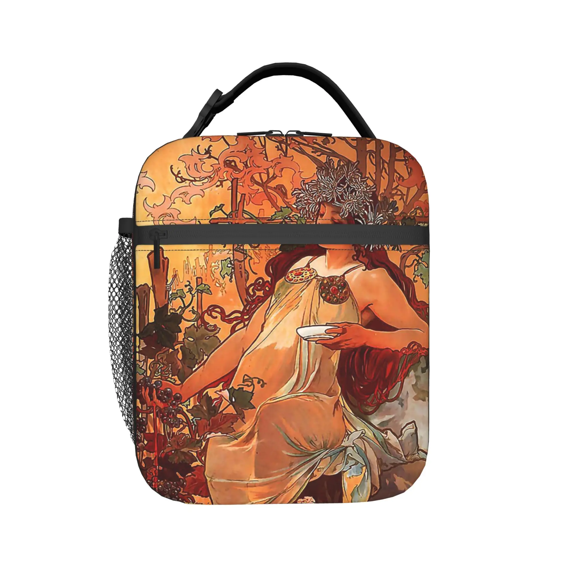 Фото Изолированная сумка-холодильник Alphonse Mucha, многоразовая сумка-холодильник, контейнер для обеда в стиле ретро, женская портативная сумка-тоут, ланч-бокс, сумка для бенто №1