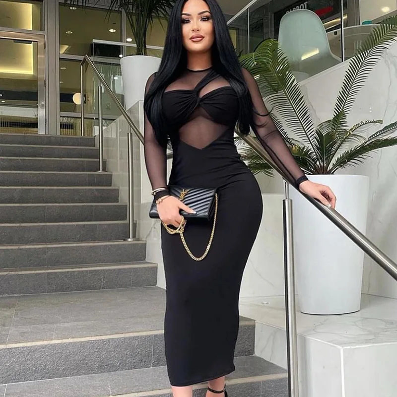 

Autumn Summer New Round Neck Mesh Patch Long Sleeve Medim Length Skinny Dress Hot Girls Long Sleeve Dress Streetwear