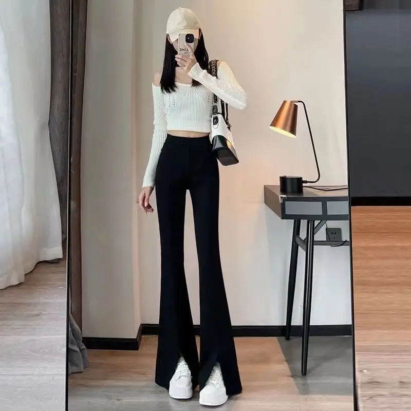 

2023 New Women Spring Autumn Korean Fashion High Waist Casual Straight Pants Female Casual Solid Flare Trousers Tops D53