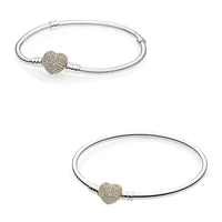 authentic 925 sterling silver moments gold heart clasp with crystal bracelet bangle fit bead charm diy pandora jewelry
