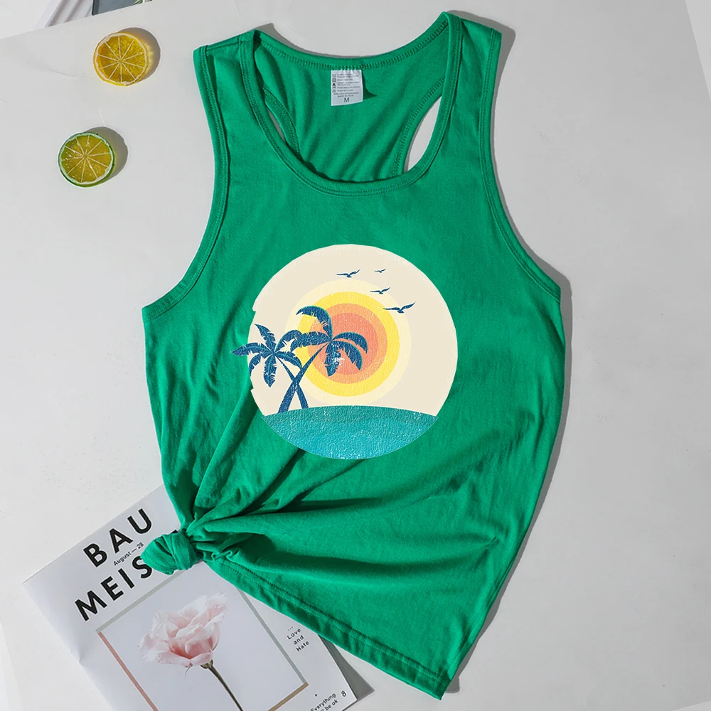 

Coconut Palm Beach Tops Hawaii Tropical Womens Clothes Print Aloha Vacation Tank Top Woman Vintage Green Tops for Women L