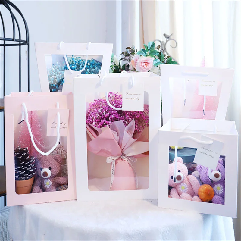 

Clear Window Flower Bags Tote Bag Gift Floral Wrapping Supplies Roses Flower Bouquet Packaging Bags Candy Gift Bags 2022