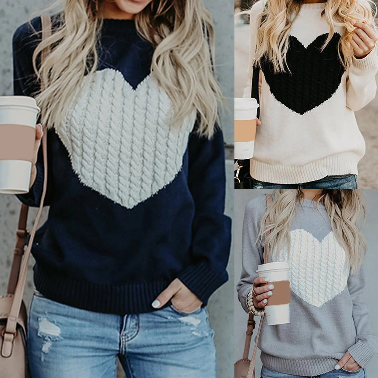 

Korean Women Autumn Winter Sweater 2023 Heart Patchwork Y2k Streetwear Pullover Sweater Casual Simple Versatile Tops