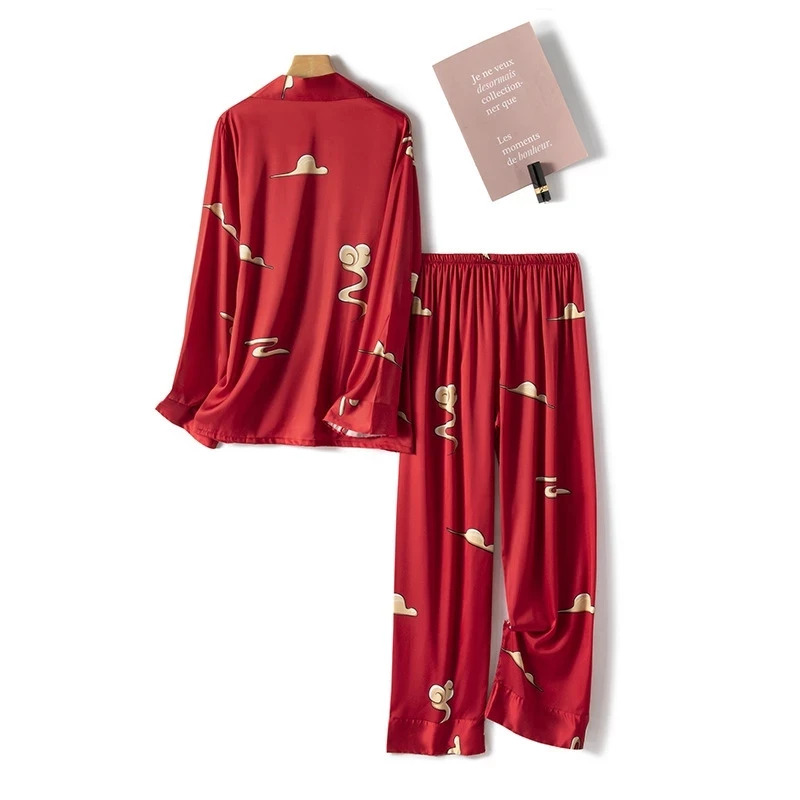 Spring Autumn New Ice Silk Thin Pajamas for Women Chinese Opera Printing Long Sleeved Trousers Suit Sleepwear Home Loungewear