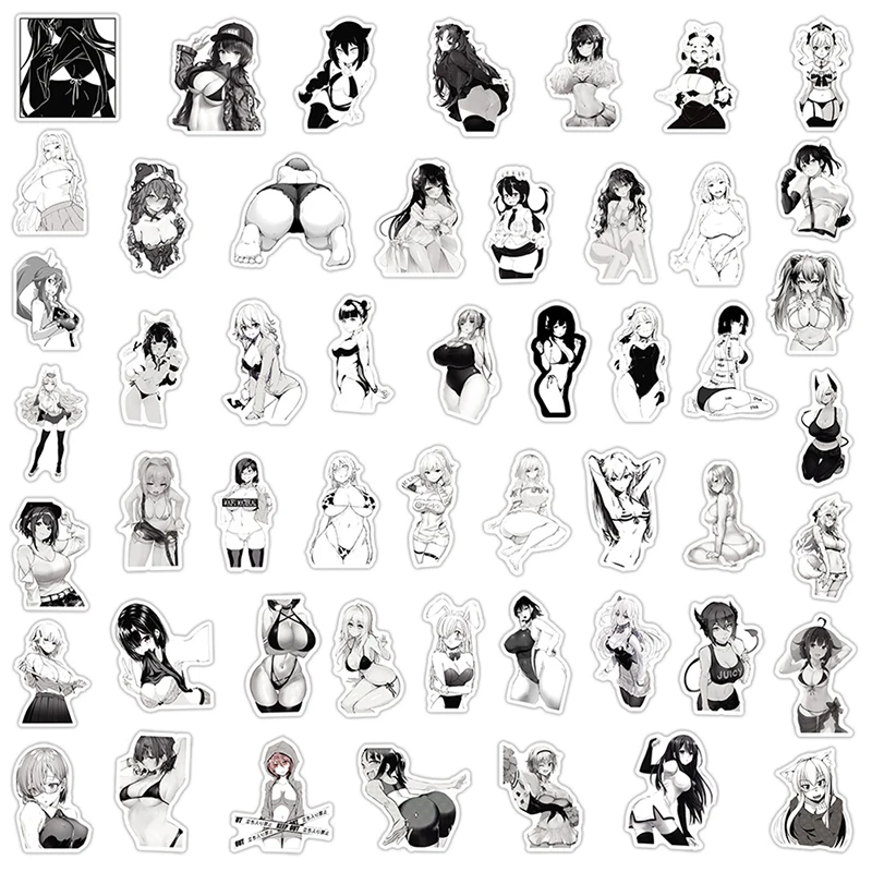 

50PCS Black and White Sexy Anime Girl Stickers Waterproof Graffiti Decorative Motorcycle Laptop Phone Decals Sticker Packs