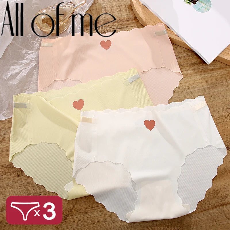 

3PCS/Set Seamless Cute Heart Briefs Women Panties Sexy Midi-Waist Underpants Women's Ice Silky Lingerie Macaroon Color Pantys