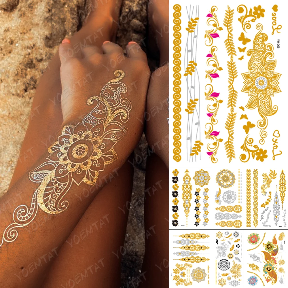 

Waterproof Temporary Tattoo Sticker Flowers Mandala Henna Gold Silver Metallic Flash Tatoo Boho Lotus Jewelry Glitter Body Art