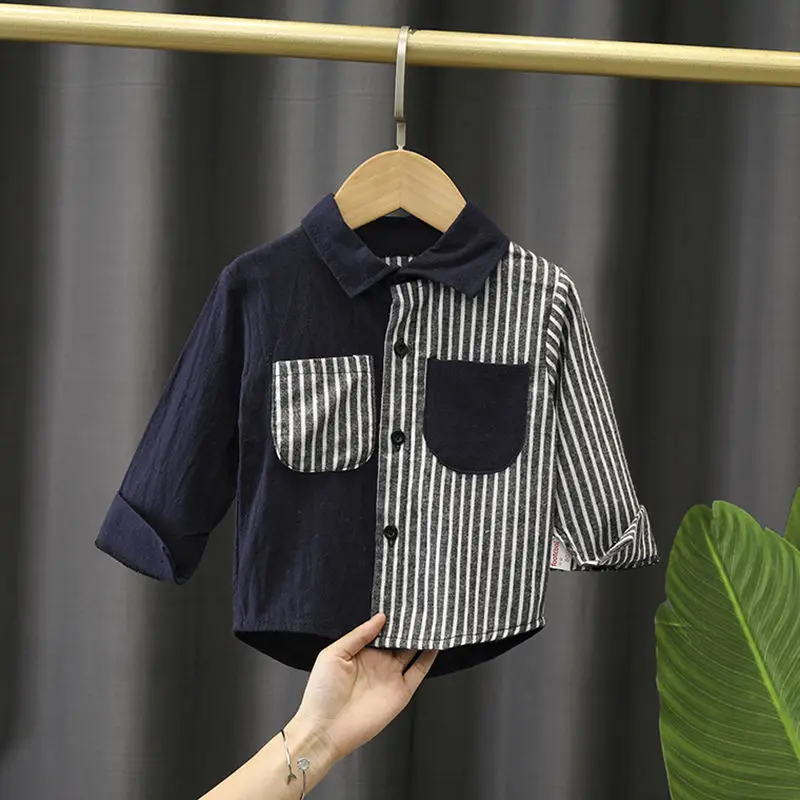 

Children's Clothing Boys Spring New 2022 Children's Shirts Striped Stitching Baby Shirts Korean Version Children's Tops