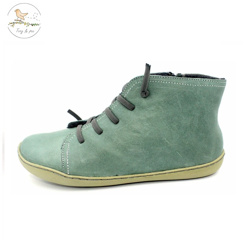 TONGLEPAO Women's Casual Flat Leather Retro Lace-up Boots Side Zipper Round Shoe Leather Ankle Boots Zapatos Mujer Wram Botas