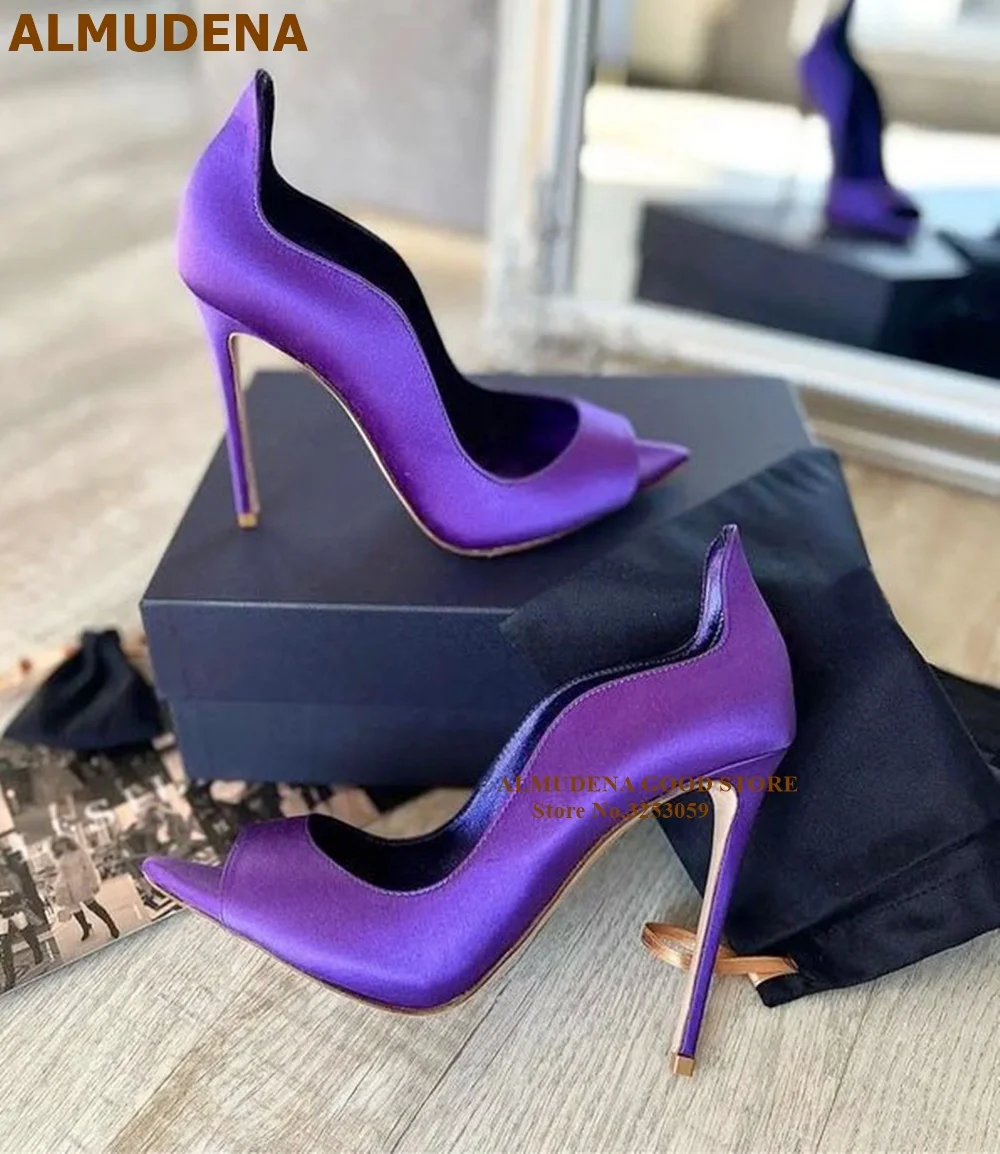 ALMUDENA Purple Satin Cloth 12cm 10cm 8cm High Heel Shoes Shallow Cut Open Pointed Toe Dress Pumps Size45 Designer Banquet Shoes