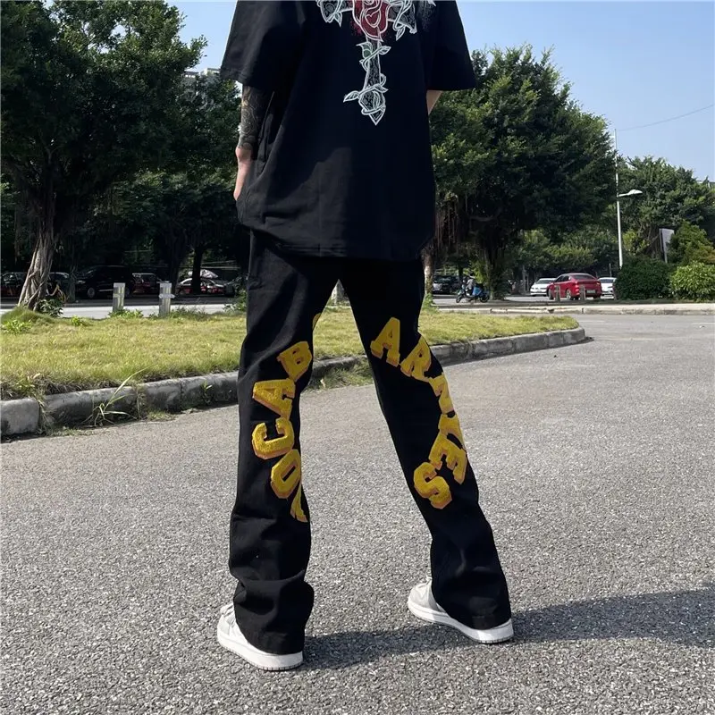 2022 High Street Letter Embroidery Hip Hop Straight Black Jeans For Men Y2K Pants Baggy Harajuku Denim Trousers Pantalon Homme