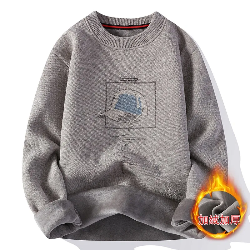 

Winter Men's Clothing O-Neck Sweaters Jumpers Youth Trend Embroidery Pullover Sweatshirt Plus Velvet Thick Warm Loose Knitwear
