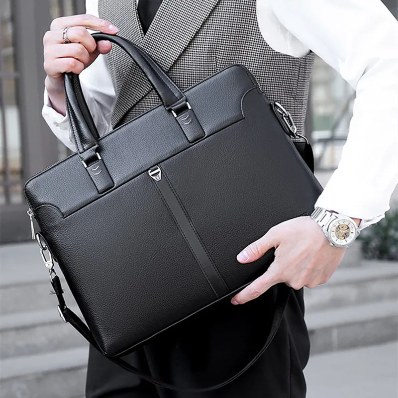 Business Men Double Zipper Briefcase Bag PU Leather Hangbag Office Man Shoulder Messenger Bags Male 14 Inch Laptop Bag