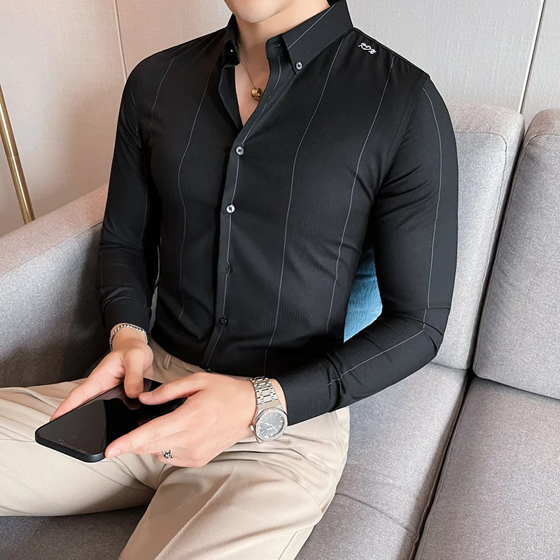 Striped Men's Shirts 2021 Autumn Embroidery Long Sleeve Casual England Business Shirt Slim Streetwear Social Party Male Clothing