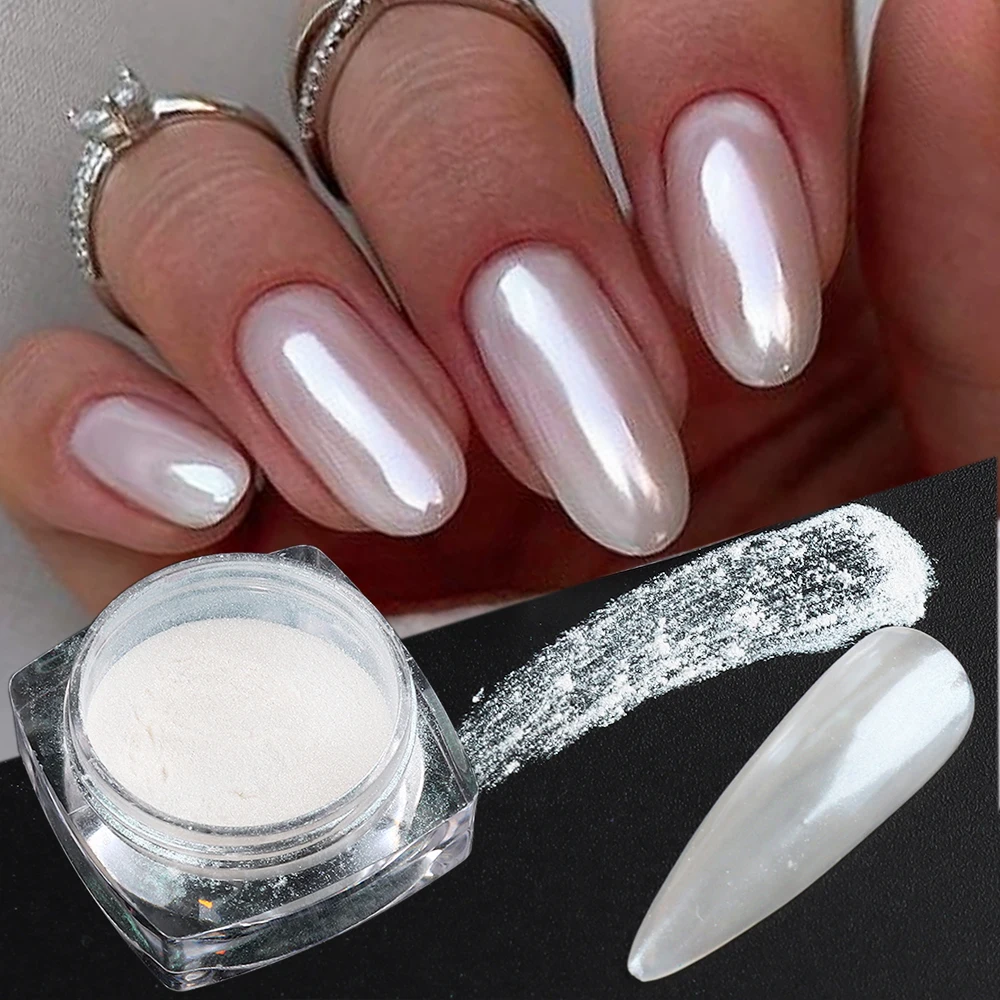 White Chrome Pearl Nail Powder Shimmer Glitter Wedding Bride Nail Design Aurora Rubbing Dust Mirror Effect Fairy Powder