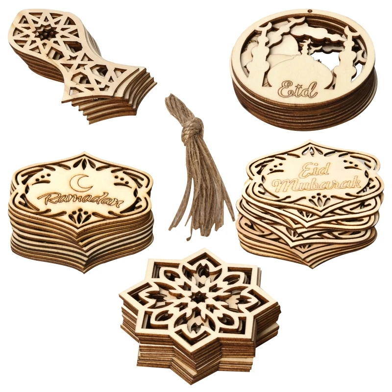 

Wooden Eid Mubarak Pendants 10pcs Hollow Moon Star Castle Art Wood Pendant