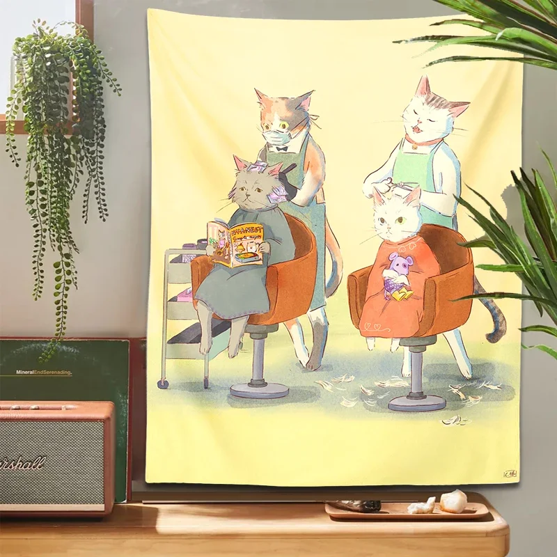 Гобелен с мультяшным котом на стену ткань принтом в стиле бохо для стрижки милым