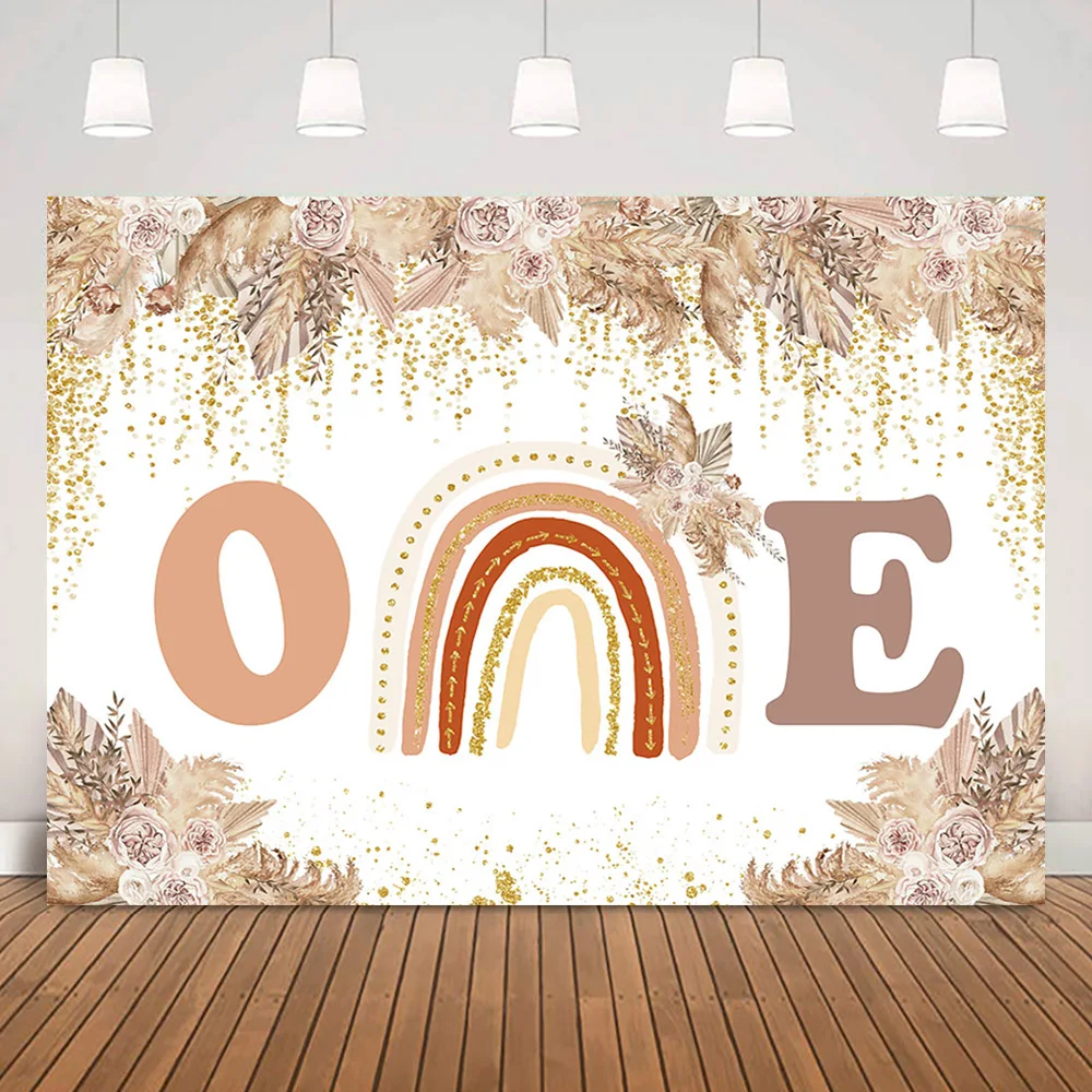 

Happy First Birthday Backdrop Custom Boho Rainbow Children Photo Background Golden Glitter Pampas Grass Kids Photocall Decoratio