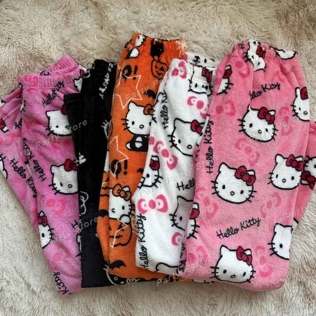 

Halloween Hello Kitty Pajama Pants Sanrio Anime Fleece Double Elastic Fabric Soft Trousers Women Trousers Kawaii Home Pants