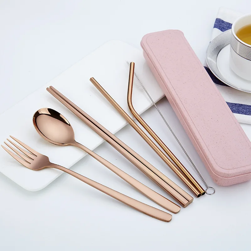 

Outdoor straw portable tableware 7-piece set 304 stainless steel spoon chopsticks tableware set straw combination