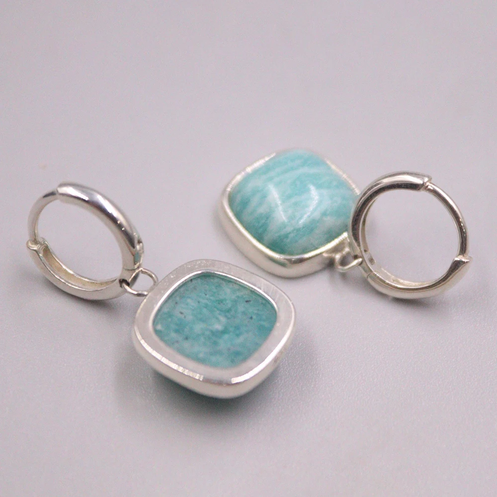 Бесплатная доставка S925 стерлингового серебра амазонит квадратные серьги-кольца