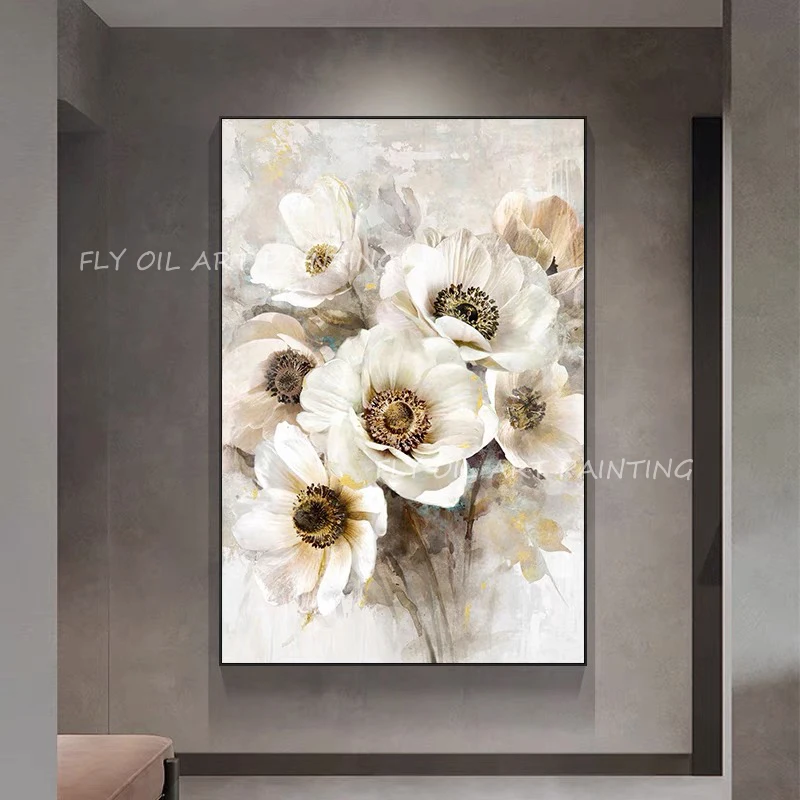 Картина маслом на стену абстрактная картина с изображением белых цветов ручная