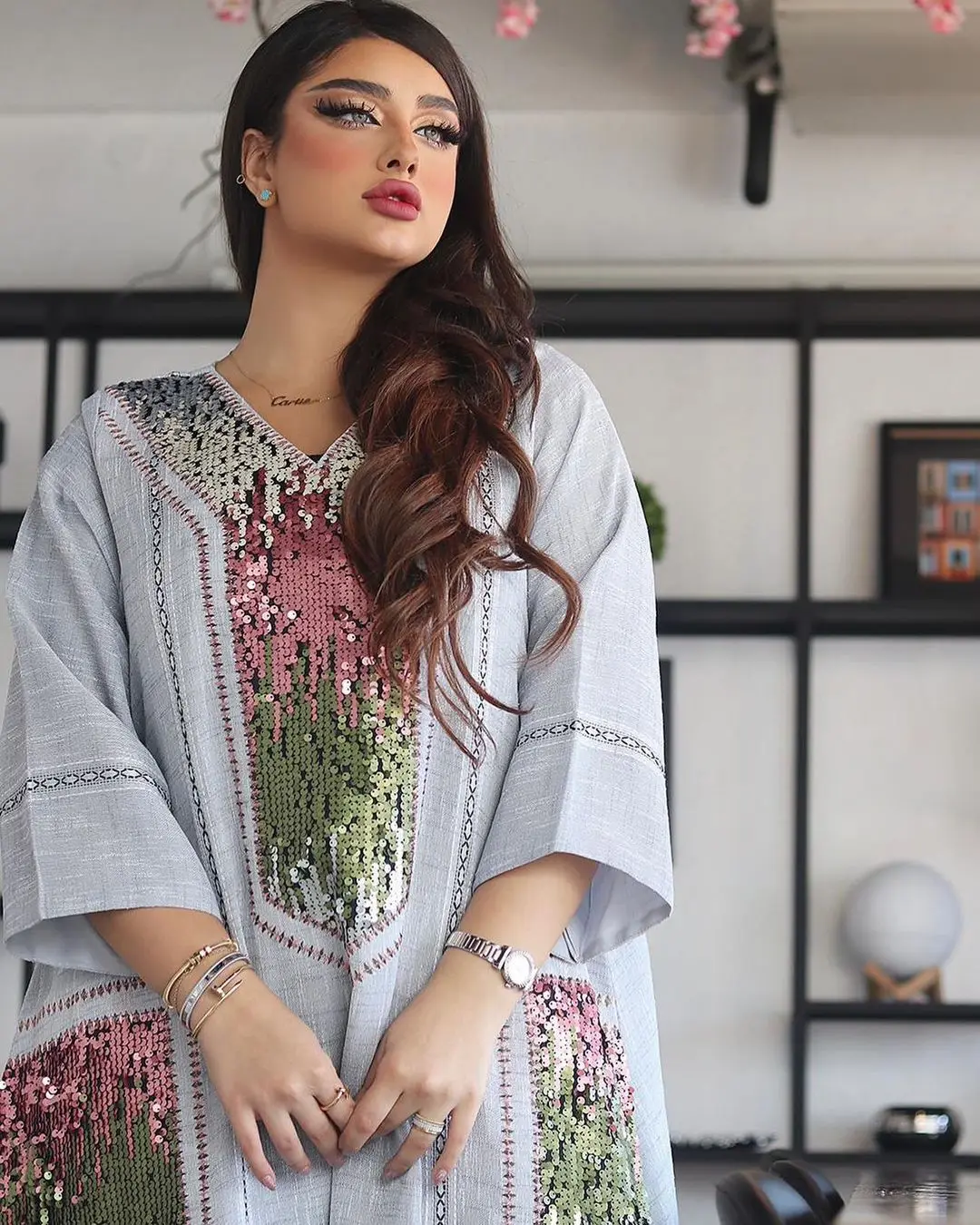 Jalabiya Dubai Bead Applique Sequin Embroidered Robe MuSLIM Muslim Women's Dress Women's Robe Abaya Dress