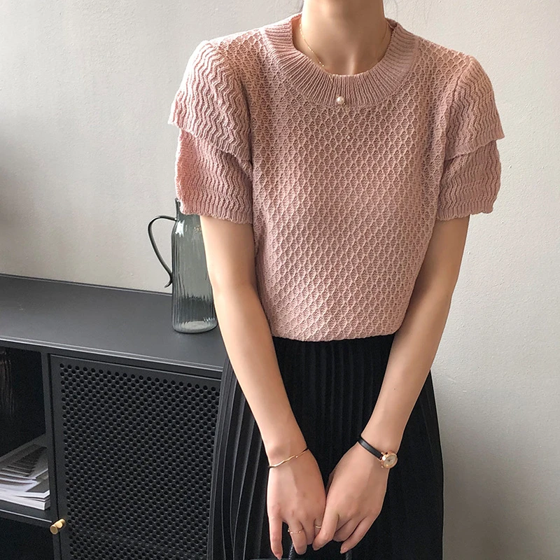 

Summer Fashion Loose Simple Sweet Plain Knitted T-shirts Women Short Puff Sleeve Tee Shirt Girls Tops Knitwear Vintage 3 Colors