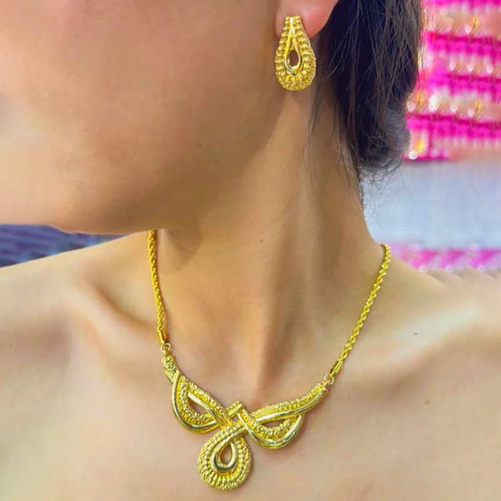 

Dubai Gold Plated Jewelry Set for Women 18k Gold Color Earrings and Necklace Luxury Weddings Jewelry Brazilian Accessories