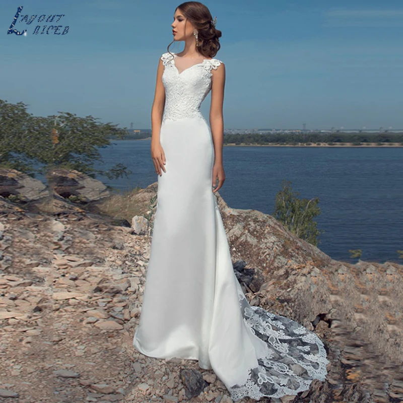 

LAYOUT NICEB Beach Mermaid Wedding Dress Lace Sweep Train Bridal Gown Sleeveless Illusion Back robe de mariée fluide Custom Made