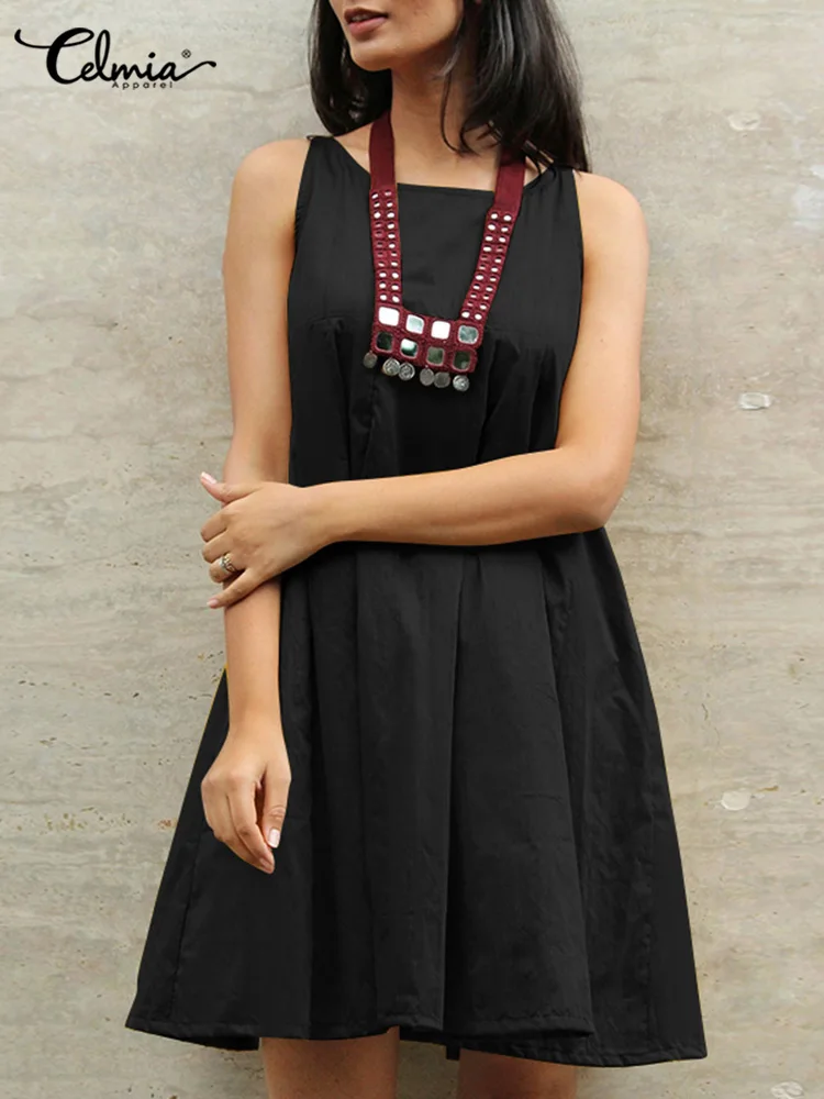 

Summer A-line Tank Dress Celmia 2022 Casual Cotton Sundress Women O Neck SLeeveless Mini Vestidos Holiday Solid Color Short Robe