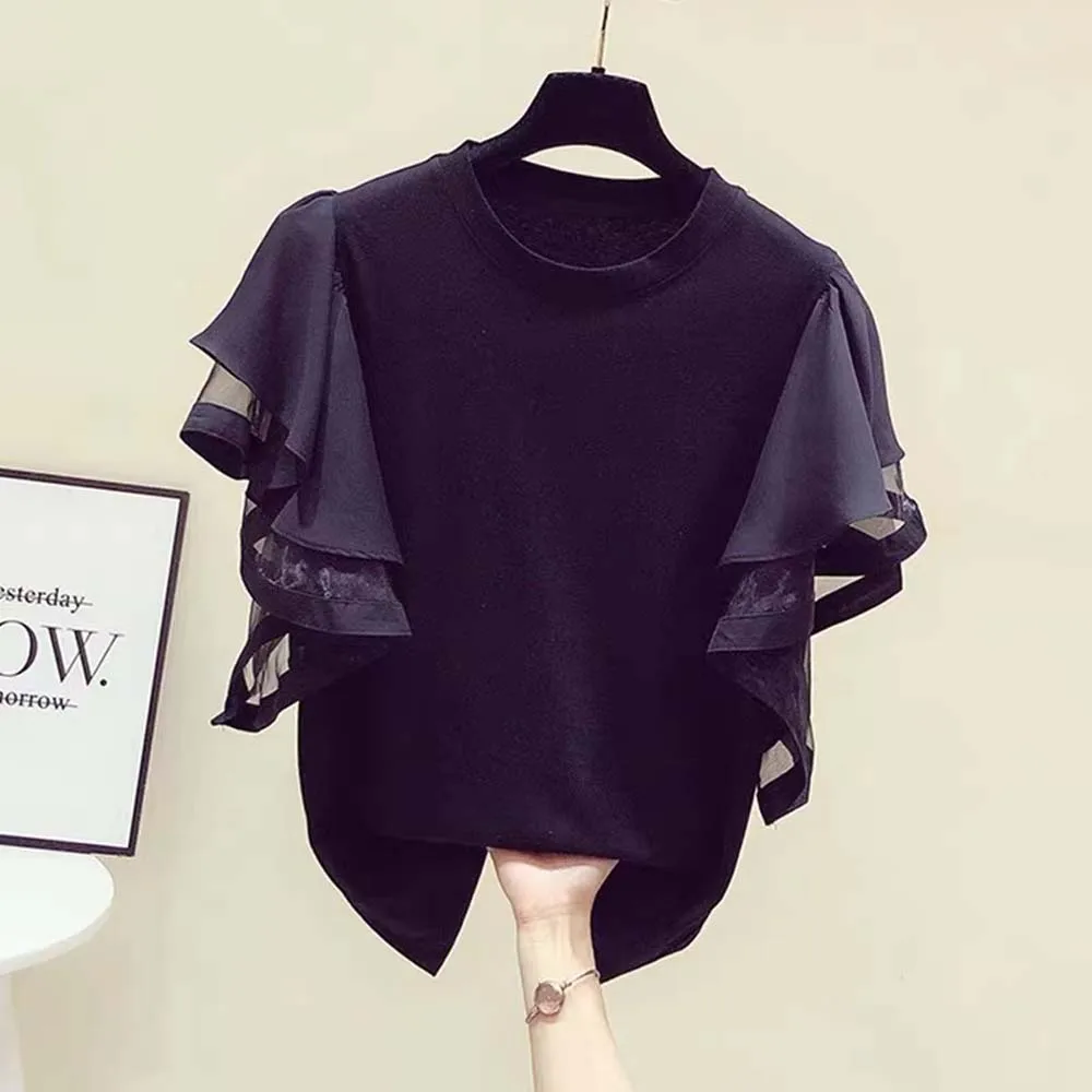 

T-shirt French Retro Design Stitching Ruffle Top Loose Black T-shirt Women's Short Sleeve Summer Office Lady Top Summer Japan