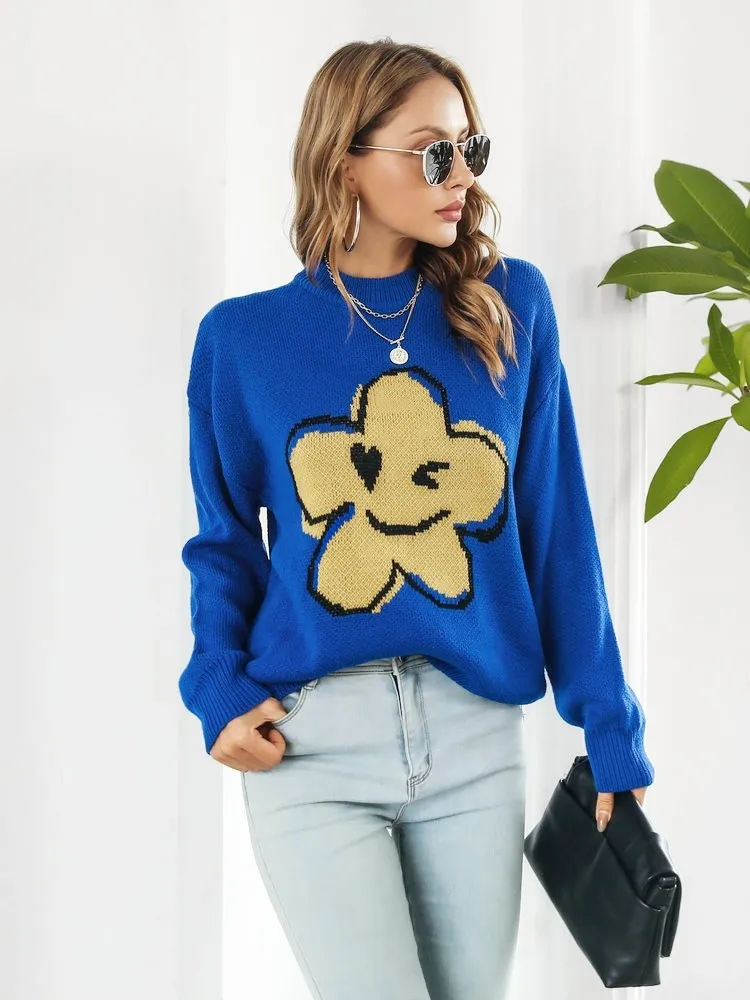 

Cute Flower Smiley Cartoon Jacquard Sweater Women Autumn/winter O-neck Drop-shoulder Sleeves Casual Knitted Pullovers Streetwear