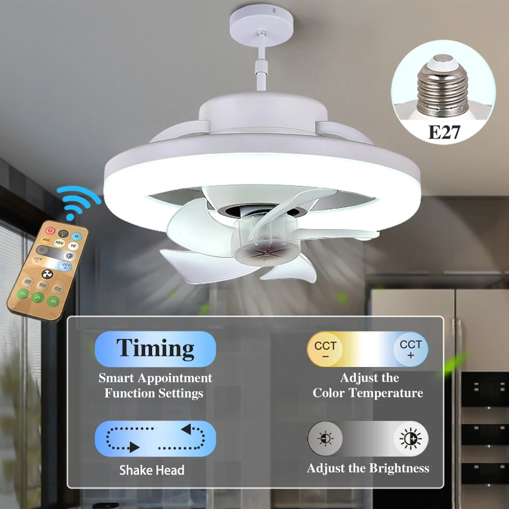 

Electric Ceiling Fan with Light and Control 360° Shake Head 3 Colors Lighting Lamp Chandelier Silent Fans for Home 48W E27