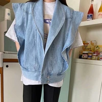 women ruffle loose blue sleeveless vest jackets korean chic 2022 new spring casual lapel solid blue trendy ladies waistcoats