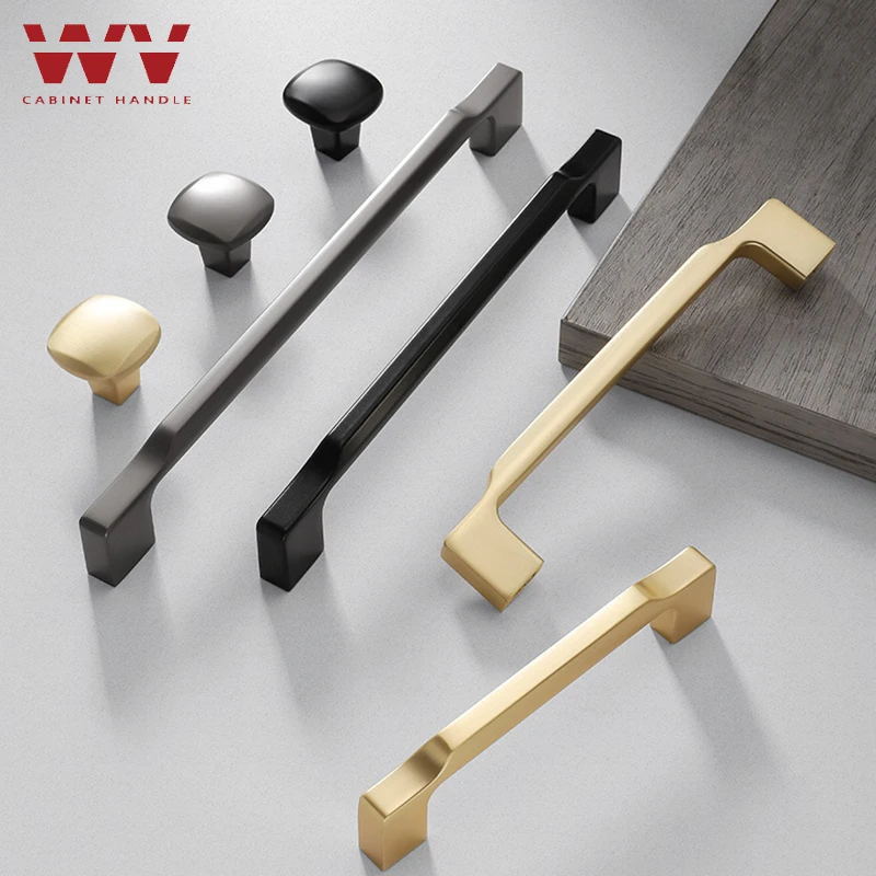 

WV Modern Zinc Alloy Black Gold Door Handles Kitchen Cabinet Pulls Solid Drawer Knobs Fashion Furniture Handle Hardware