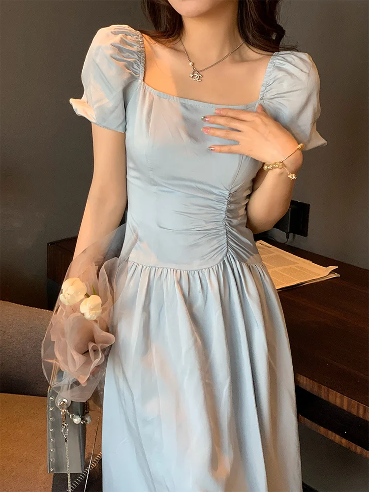 French Square Neck Bubble Sleeve Tea Break Skirt Design Sense: A Small Number Drawn Pleated Waist Blue Dress for