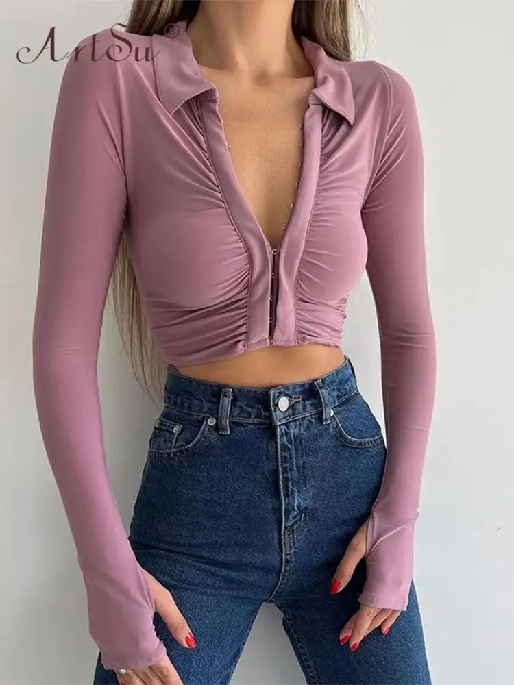 

Сексуальная Женская футболка ArtSu с рюшами, однобортная, вязаная крючком, облегающая, повседневная, для офиса, для вечеринки, уличная одежда, ...