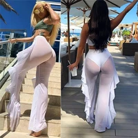 swim suit cover up for women ruffle solid casual sexy mesh see through beach pants loose swimwear bikini coverup woman trousers