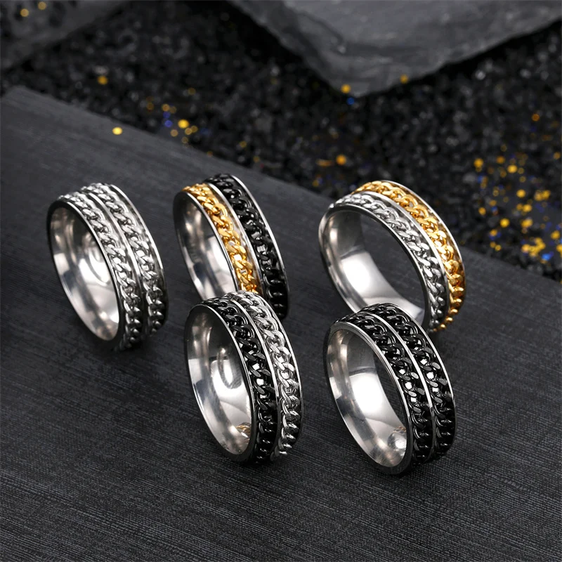 

New Men's Titanium Steel Double Chain Rotating Ring Rotating Decompression Jewelry Cold Style Fashion Personality Jewelry