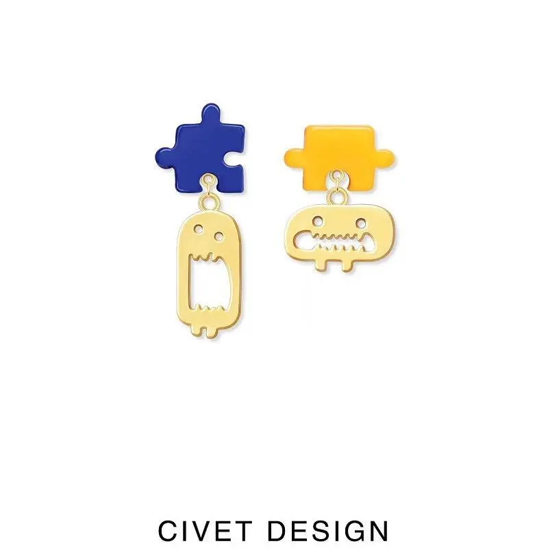 2022 New Cute Asymmetry Blue Yellow Jigsaw Puzzle Earrings for Woman Cute Golden Big Mouth Blame Cartoon Dangle Earrings Jewelry