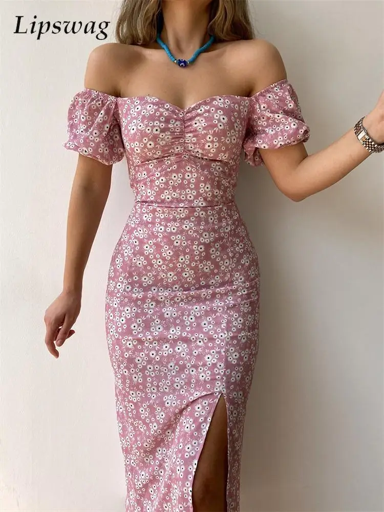 

Женское облегающее платье миди с цветочным принтом, с открытыми плечами и коротким рукавом, модное вечернее длинное платье с запахом на мол...