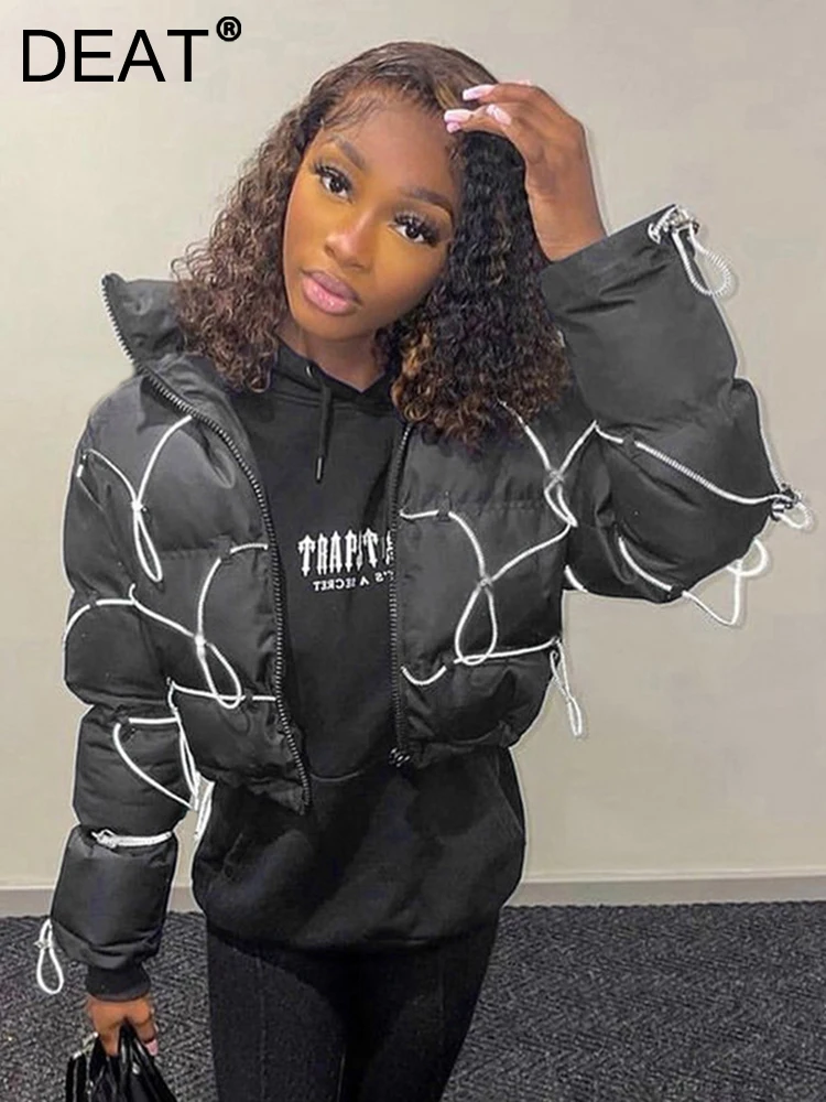 

Женская Стеганая куртка на молнии DEAT, короткая парка с капюшоном и декоративными карманами на завязках, зимний сезон 2023, 7AB1597