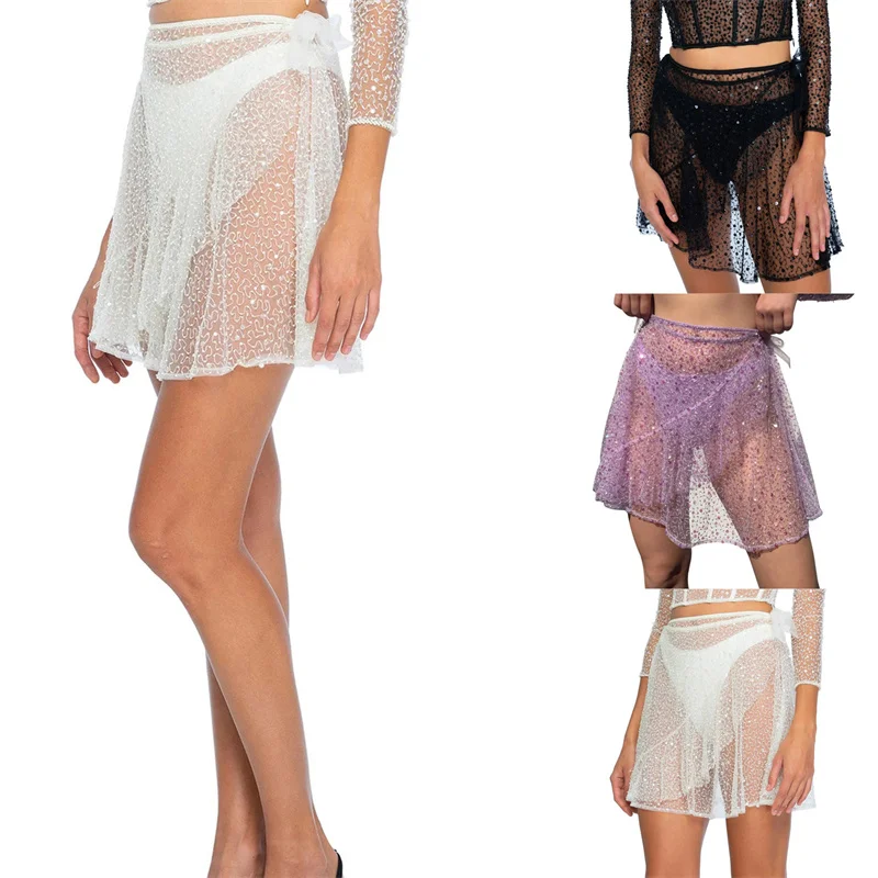 

2021 Summer Ladies Sexy See Through Chiffon Skirt Transparent Bow Lace Up Mini Skirt Shiny Sequined Skirt for Women
