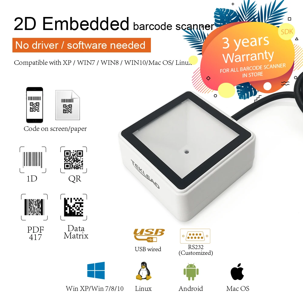 Фото TEKLEAD USB-сканер штрих-кода 2D Мини-считыватель QR-кодов Автоматический модуль сканирования для мобильных платежей Самообслуживания Кино-автомат для билетов №2
