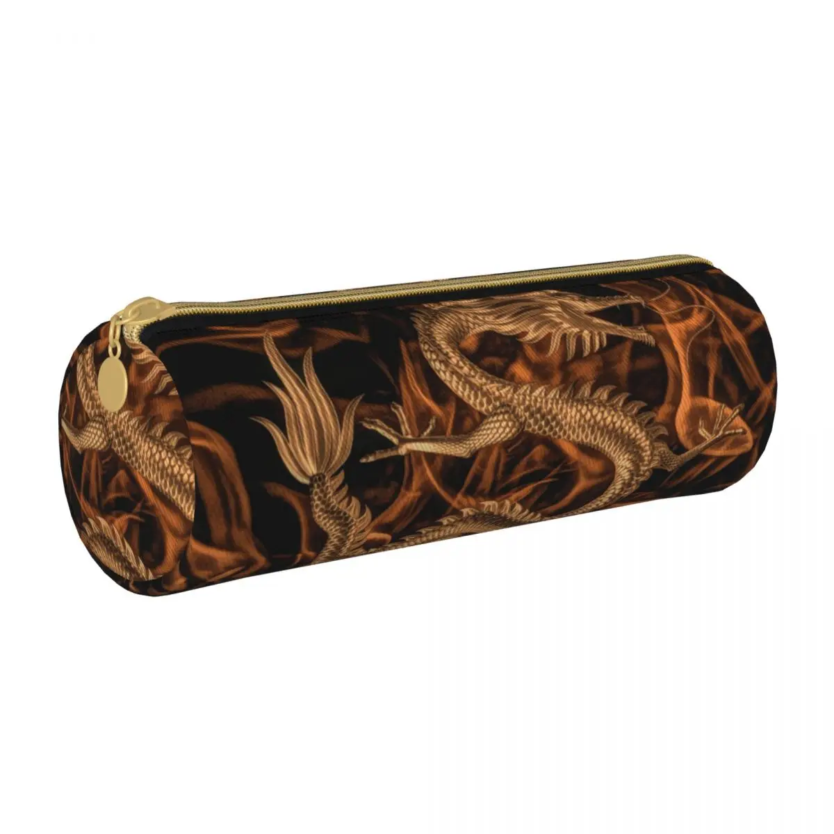 Chinese Dragon Art Round Pencil Case Fire Animal Print Teens College Leather Pencil Box Simple Zipper Pen Bags