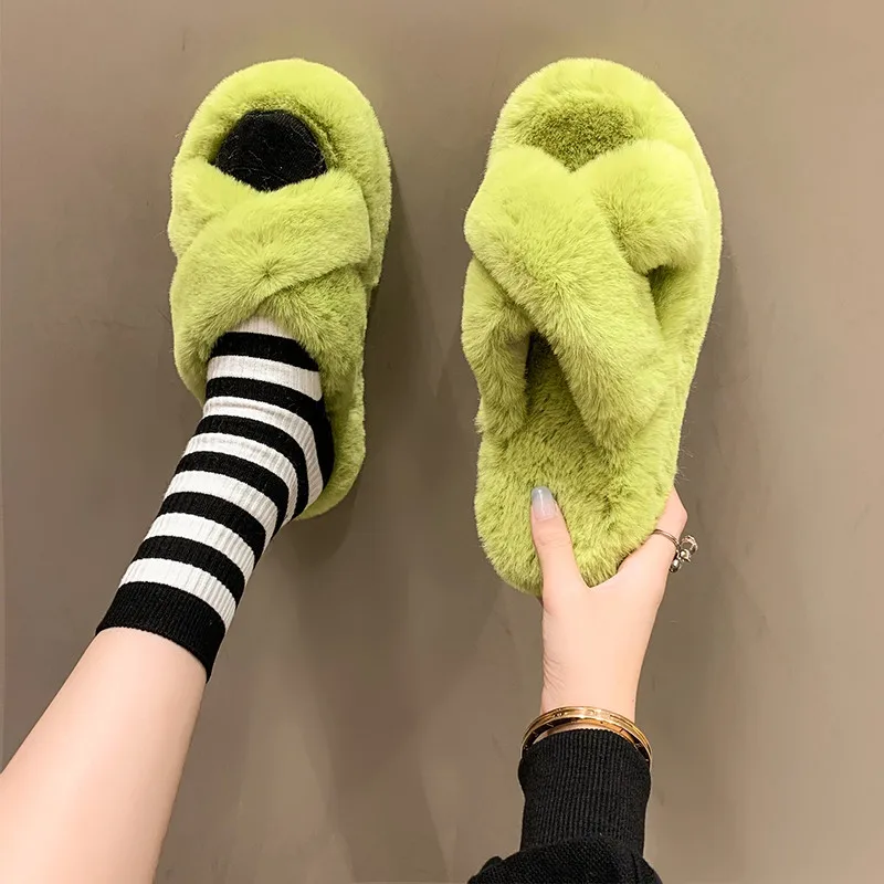 

Shoes Winter Woman Slipper Platform Fur Flip Flops Flock Slides Low Pantofle Soft Flat Plush 2022 with fur Rubber Rome Basic