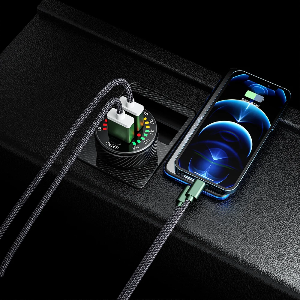 36W Car Charger Dual USB Fast Charging Car Phone Charger Adapter With Colorful Voltmeter ON/OFF Switch For iPhone 14 Car Charger