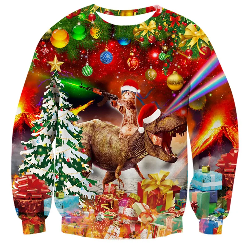 3D Printed Christmas Gift Cat Dog Sweatshirt For Men Beer Pizza Pattern Pullovers Casual Loose O-Neck Long Sleeve Unisex Hoodies